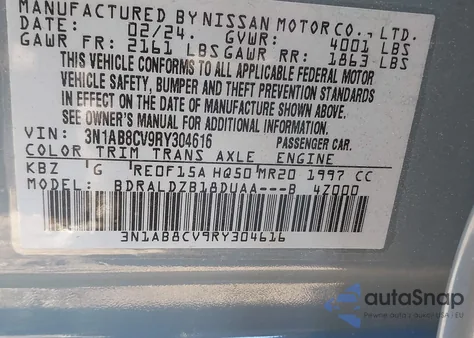 2024 Nissan Sentra Sv Xtronic Cvt from USA, damaged, VIN 3N1AB8CV9RY304616